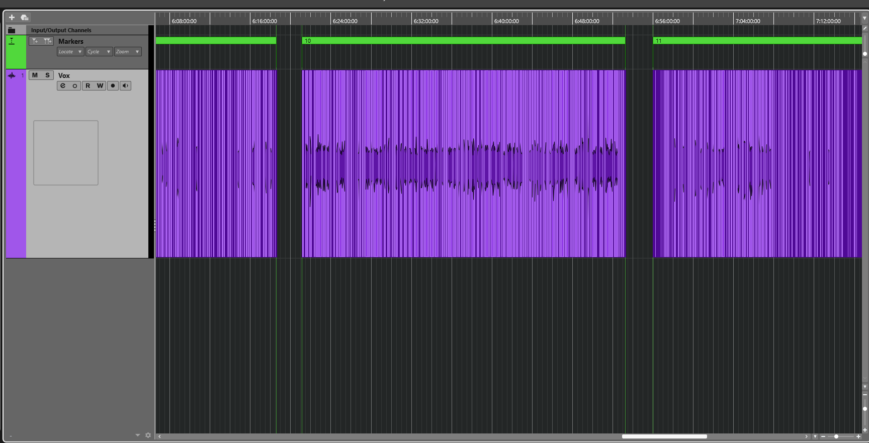 Несколько глав аудиокниги выделены на временной шкале Cubase