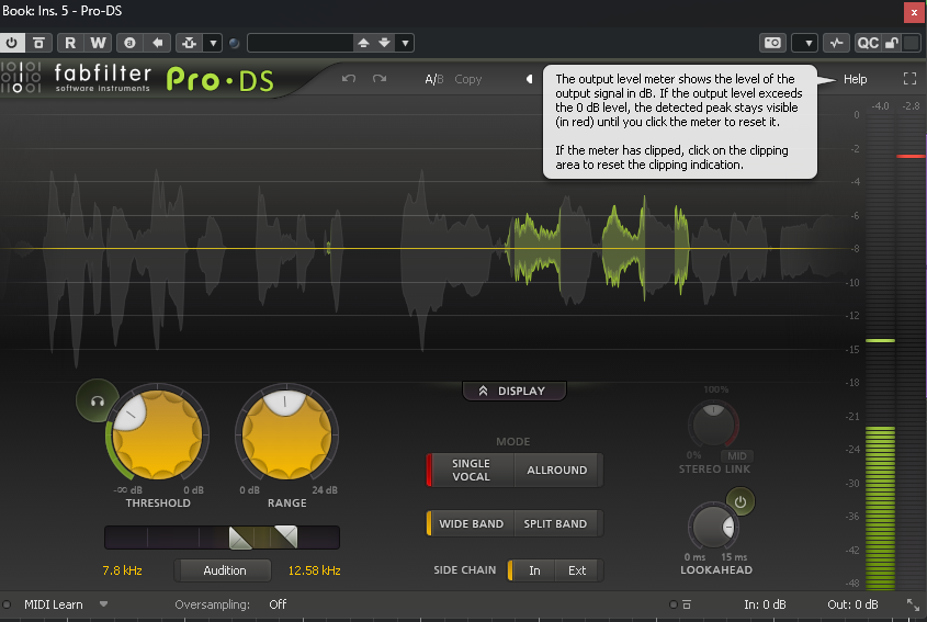 Деэссер FabFilter Pro-DS показывает обработку шипящих звуков