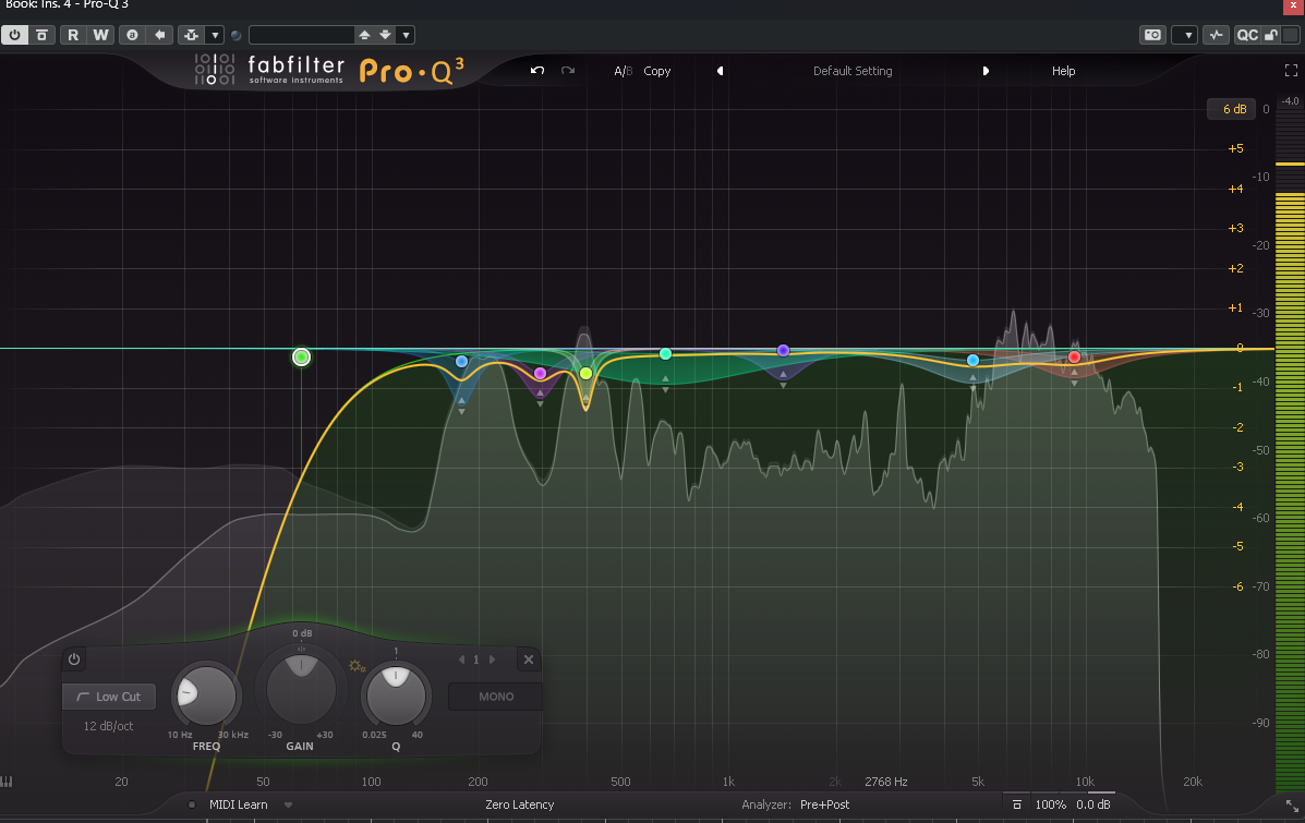 Эквалайзер FabFilter Pro-Q 3 с фильтром низких частот и корректирующими полосами